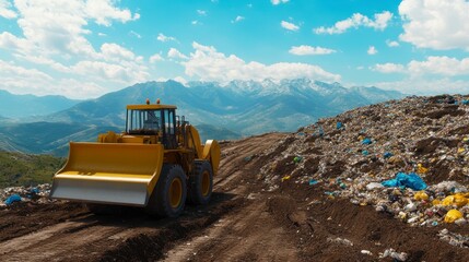 Obraz premium Yellow Bulldozer at Landfill Site Amidst Mountainous Landscape