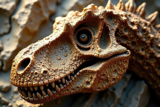 Close-up of fossilized dinosaur bone, revealing ancient textures and history , exhibit, adaptation, discovery