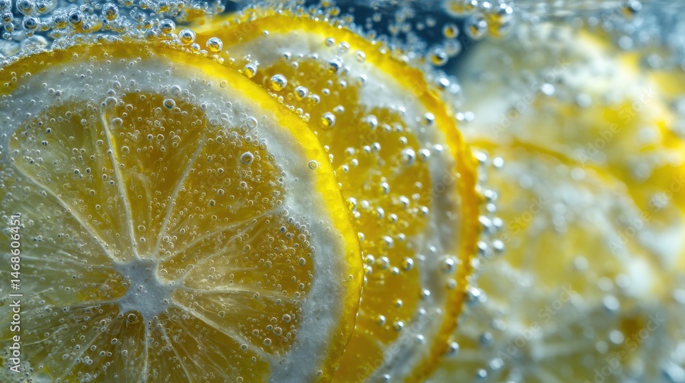 Poster lemon slices floating in sparkling water create refreshing bubbles and vibrant colors in close-up ma