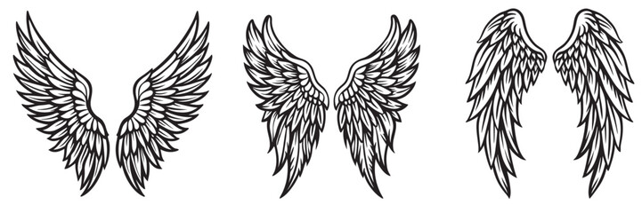 Angel wings silhouettes, Angel wings vector art, hand drawn bird or angel wings of different shape, vector illustration