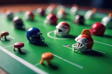 Close-up shot of a fantasy football draft board with miniature football helmets and score markers , entertainment, winning