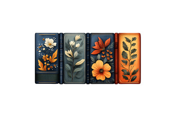 Four books with floral covers in warm and cool colors, arranged side by side, isolated on a transparent background