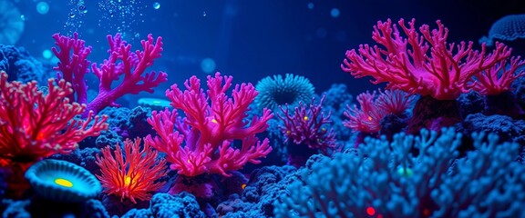 Vibrant, glowing flora and abstract coral formations in a surreal underwater scene,  underwater photography, underwater world