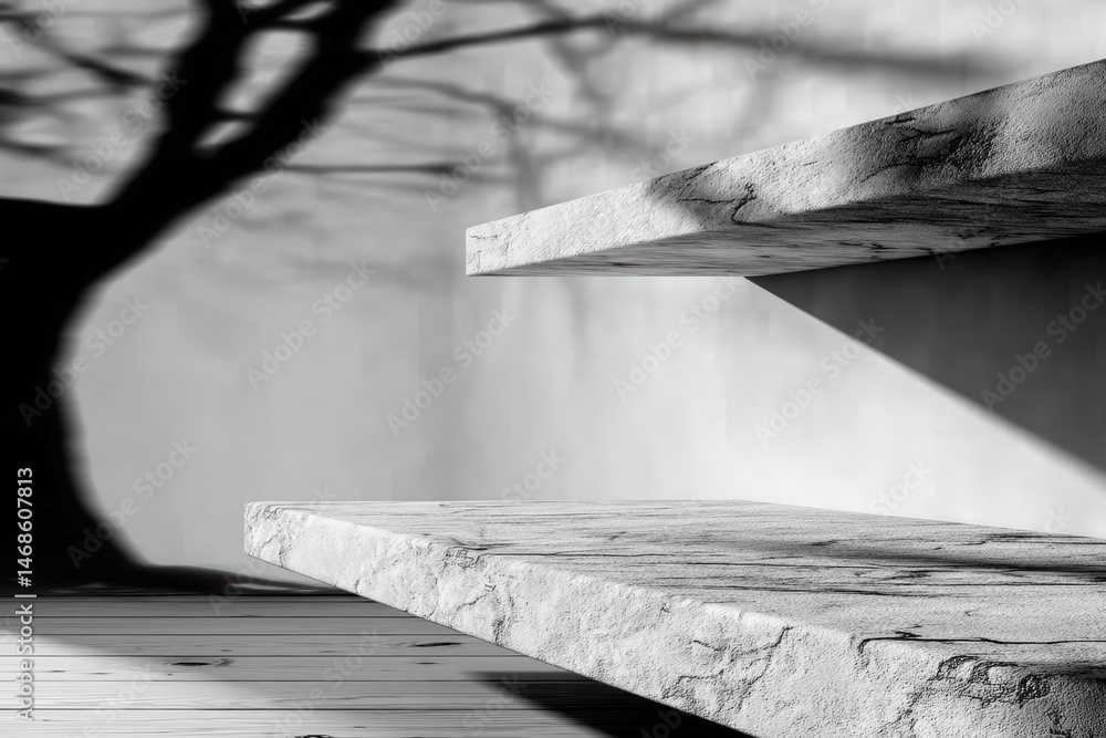 Poster minimalist concrete shelves with dramatic tree shadows cast on a textured gray wall, creating a mode