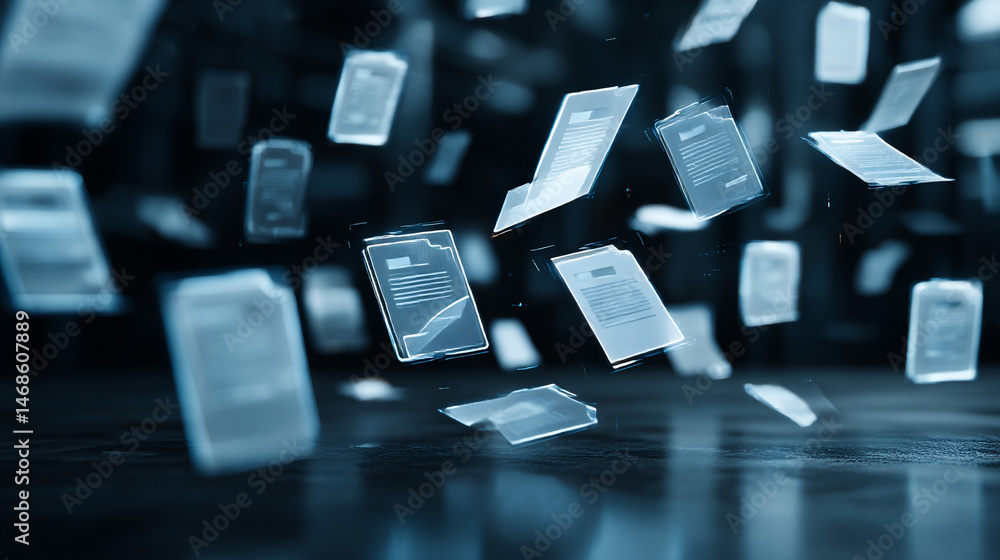Poster digital documents swirl and float in a captivating display of technology and innovation