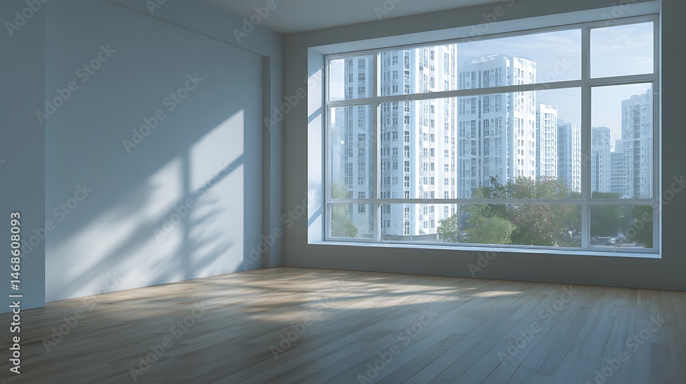Aufkleber modern empty room with large window overlooking the street in a contemporary building during dayligh
