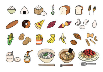 炭水化物・糖質を多く含む食べ物の手描きイラストセット（カラー）