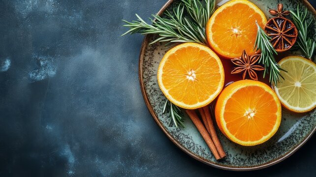 Citrus fruit slices with herbs and spices on a plate.