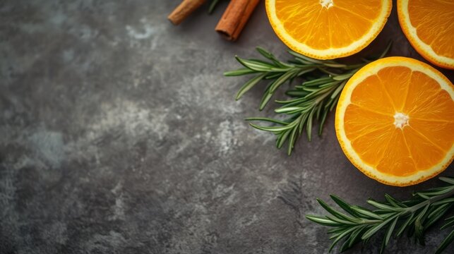 Fresh orange slices with rosemary and cinnamon on a dark surface.