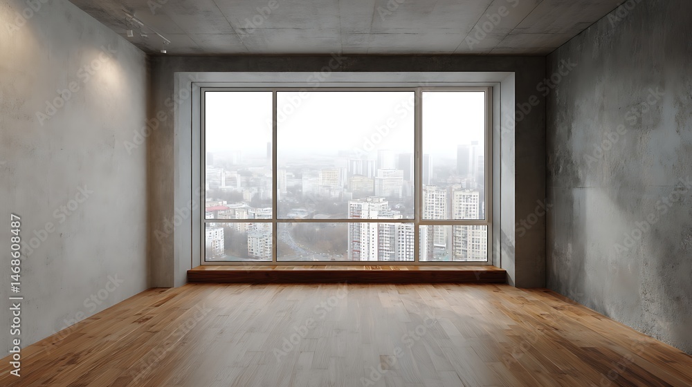 Aufkleber modern empty room with large window overlooking the street in a contemporary building during dayligh