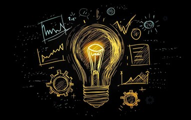Creative doodles surrounding a lightbulb symbolize entrepreneurial concepts.