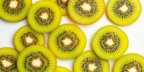 Vibrant green kiwi slices on white backdrop, top-down view, isolated, pieces