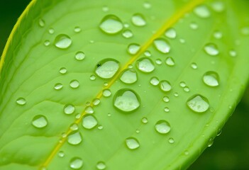 Vibrant green lemon leaf glistening with fresh raindrops, close-up view,  water droplets,  beauty