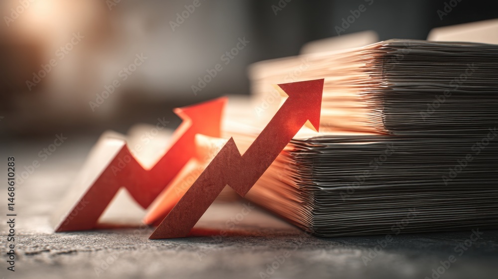 Poster stack of papers with a red arrow illustrating a folder icon forming an upward arrow concept for file