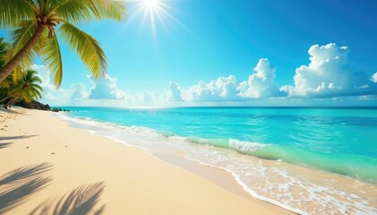 Fototapeta premium Golden sand, turquoise water, bright sun Perfect summer beach scene , tropical, background, bright