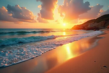 Golden sunrise paints the sky over a tranquil beach, calm waves lapping the shore Soft light illuminates the sand , seashore, idyllic, sand