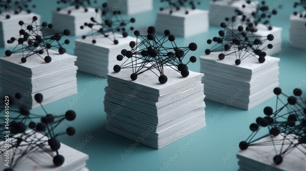 Poster stacked white papers with black dots representing network nodes for document connectivity and inform