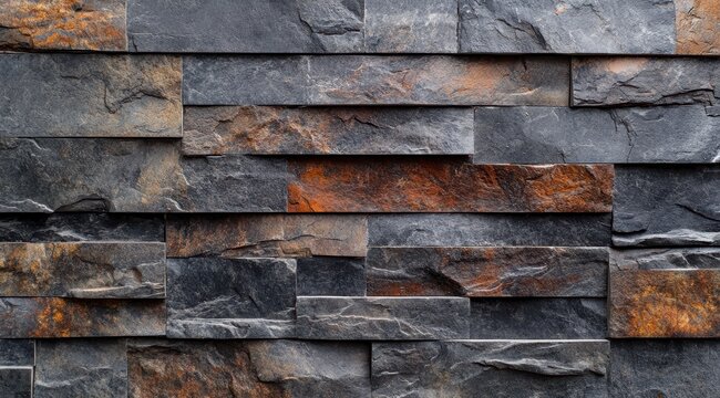 Dark gray and brown stone wall, featuring rectangular, interlocking tiles with varied textures