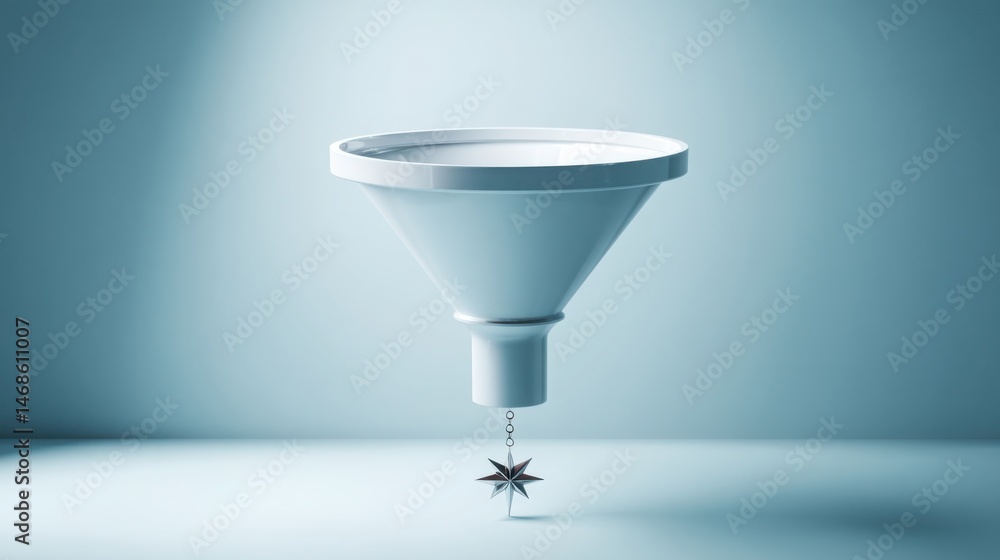 Poster conceptual funnel with a star symbolizing quality leads dropping into it in a creative business envi