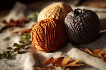 Autumn Colored Yarn Balls on Linen Fabric Alongside Dried Leaves and Natural Decor Creating a Cozy Seasonal Atmosphere Generative AI