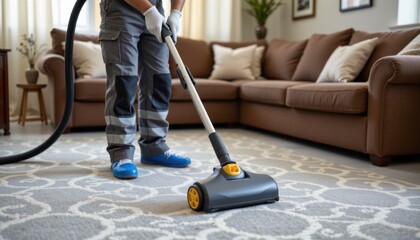 Fototapeta premium Cleaning action with vacuum cleaner living room home maintenance cozy environment close-up view cleanliness concept