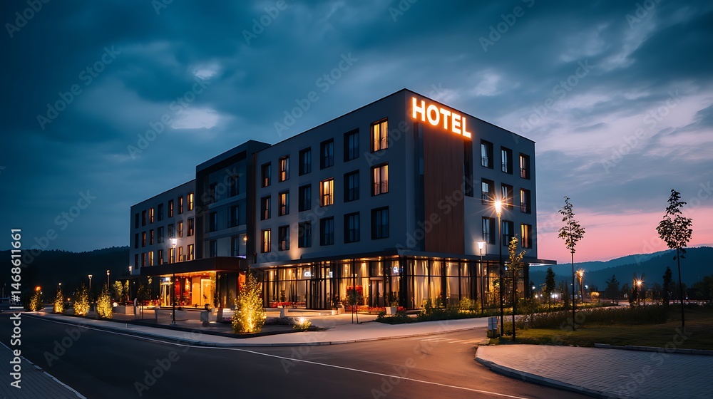 Poster Modern hotel building illuminated during twilight with glowing sign and calm atmosphere in a serene location