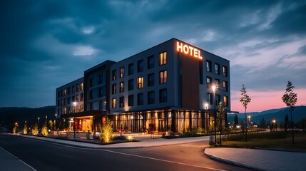 Fototapeta premium Modern hotel building illuminated during twilight with glowing sign and calm atmosphere in a serene location