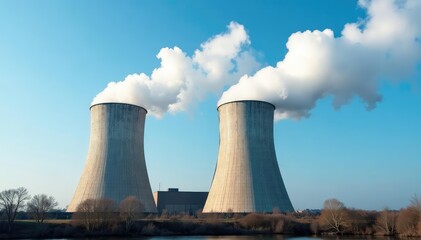 Industrial cooling towers emitting vapor against a blue sky , manufacturing, equipment