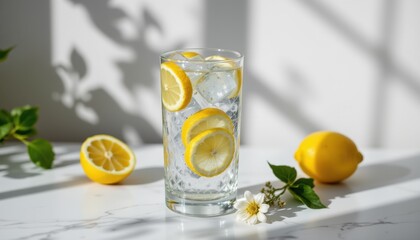 Refreshing lemonade drink with slices in clear glass indoor setting natural light minimalist style