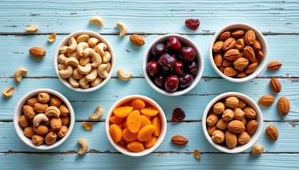 Obraz premium Delicious assorted dried fruits and nuts rustic kitchen food photography bright background close-up healthy snacks