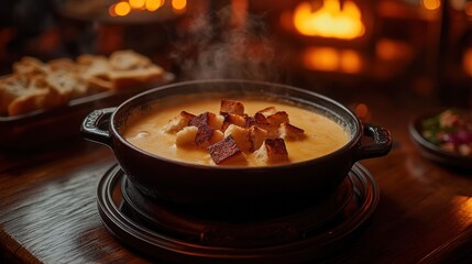 Bowl of steaming cheese fondue with bread cubes and fire in background.