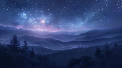 Misty mountain range under a starry night sky