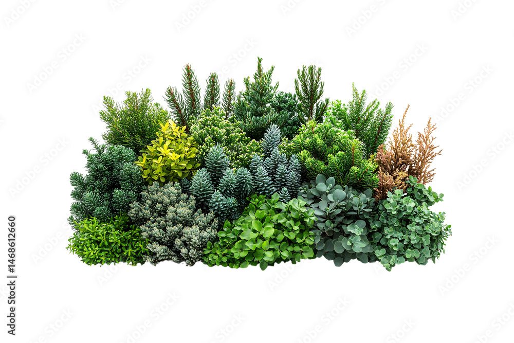 Poster compact arrangement of shrubs and miniature pines, showing rich botanical diversity in color and sha