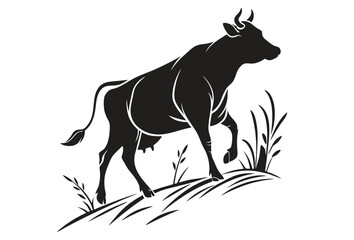 Fototapeta premium Creative black vector silhouette cow with grass isolated on white background.