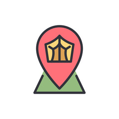Camping tent location pin icon, adventure outdoors discovery symbol concept