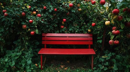Obraz premium Red bench surrounded by greenery and apples