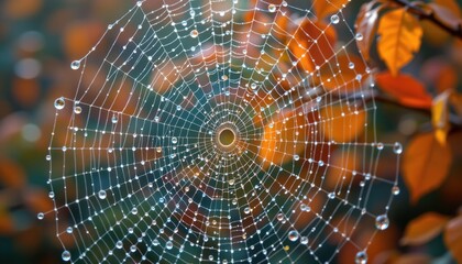 Fototapeta premium Captivating spider web with dewdrops autumn forest nature photography colorful environment close-up view natural beauty