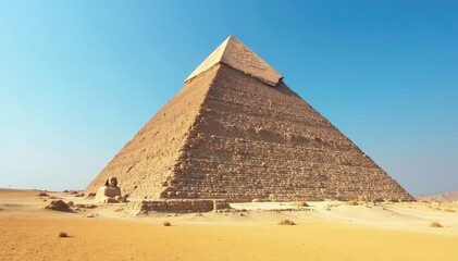 Majestic Egyptian pyramid standing tall against a clear blue sky, ancient wonder of the world , desert, landmark