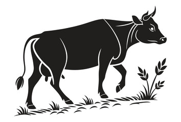 Obraz premium Creative black vector silhouette cow with grass isolated on white background.