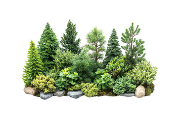 Decorative evergreens and low shrubs growing among scattered rocks, creating a vibrant, textured garden scene, isolated on a transparent background