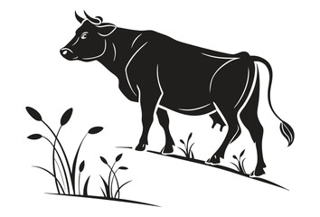 Fototapeta premium Black vector silhouette cow kine with organic grass on white background.