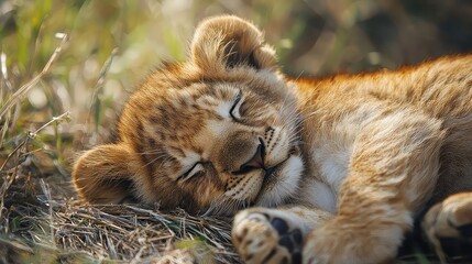Close Up Golden Lion Cub Resting Peacefully In Green Grass Field With Sunlight and Detail Fur