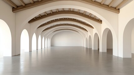 Fototapeta premium Empty, light-filled interior space with arched windows and wooden beams.