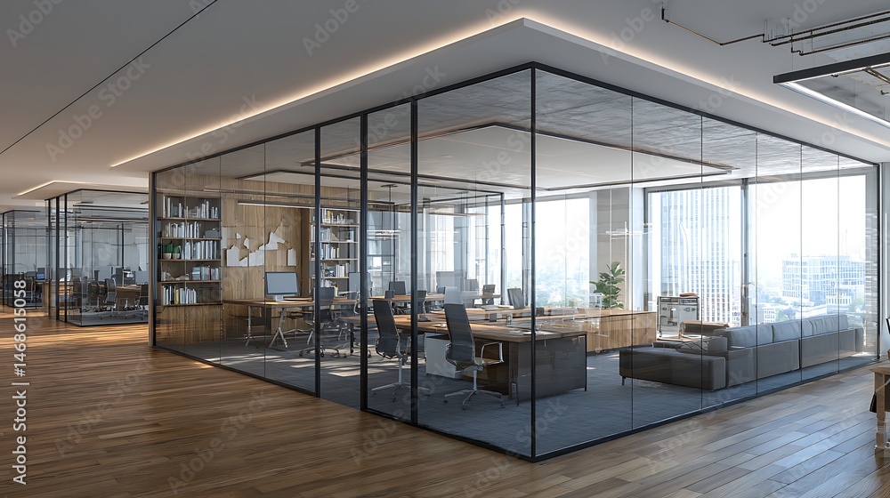 Poster modern interior design of an open office with glass partitions and management office