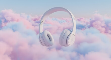 Floating White Headphones Among Soft Pink and Blue Clouds in a Dreamlike Sky