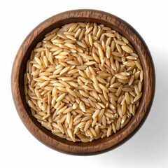 Orzo pasta in wooden bowl, top view on white background
