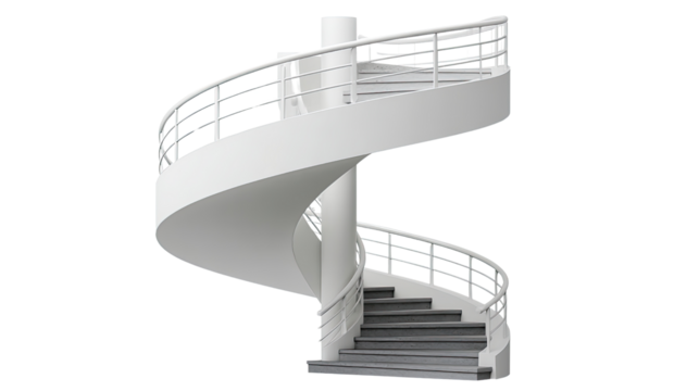 Modern Spiral Staircase: A sleek, modern spiral staircase with sleek lines and white railings against a clean white background. Its graceful curve creates a visual focal point.