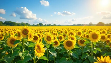 Fototapeta premium Vast field of sunflowers blooming under a bright summer sky Vibrant yellow flowers stretching to the horizon , summer, rural, golden