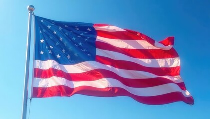 Obraz premium Vibrant American flag waving in the wind, showcasing bold red, white, and blue colors , textile, usa