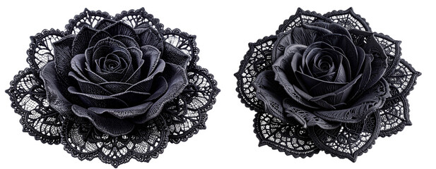  Elegant Black Lace Rose with Fine Embroidery Detail, isolated on transparent background PNG